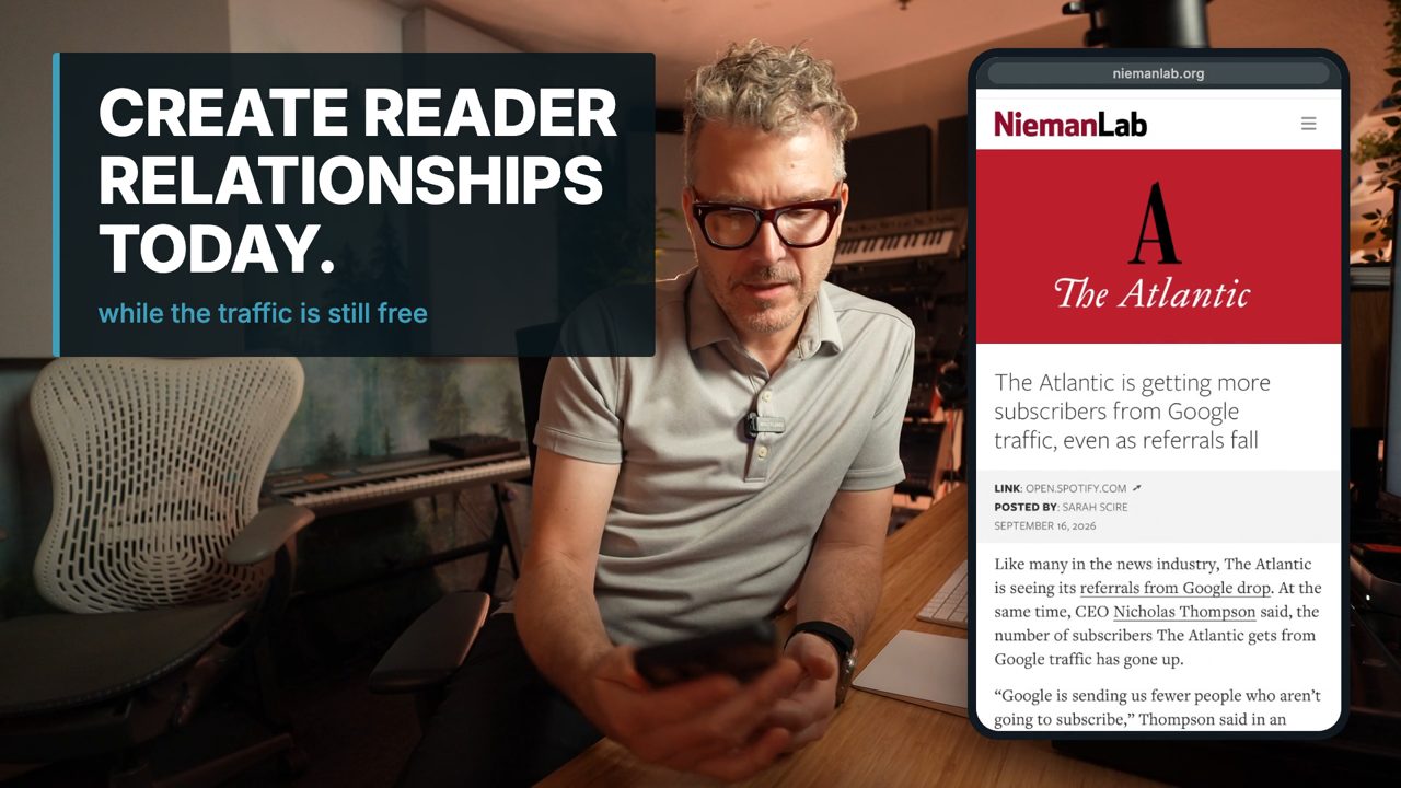 Phillip Smith at his desk reading a Nieman Lab story on The Atlantic's Google subscribers, under the title 'Create reader relationships today, while the traffic is still free'